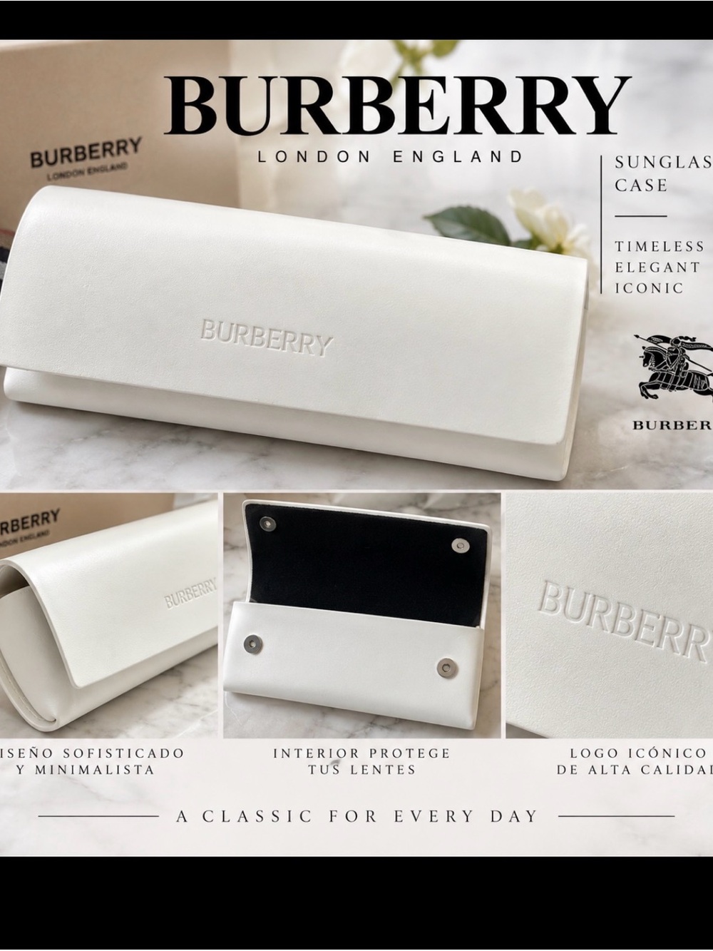 Burberry White Sunglasses Case Leather Clamshell